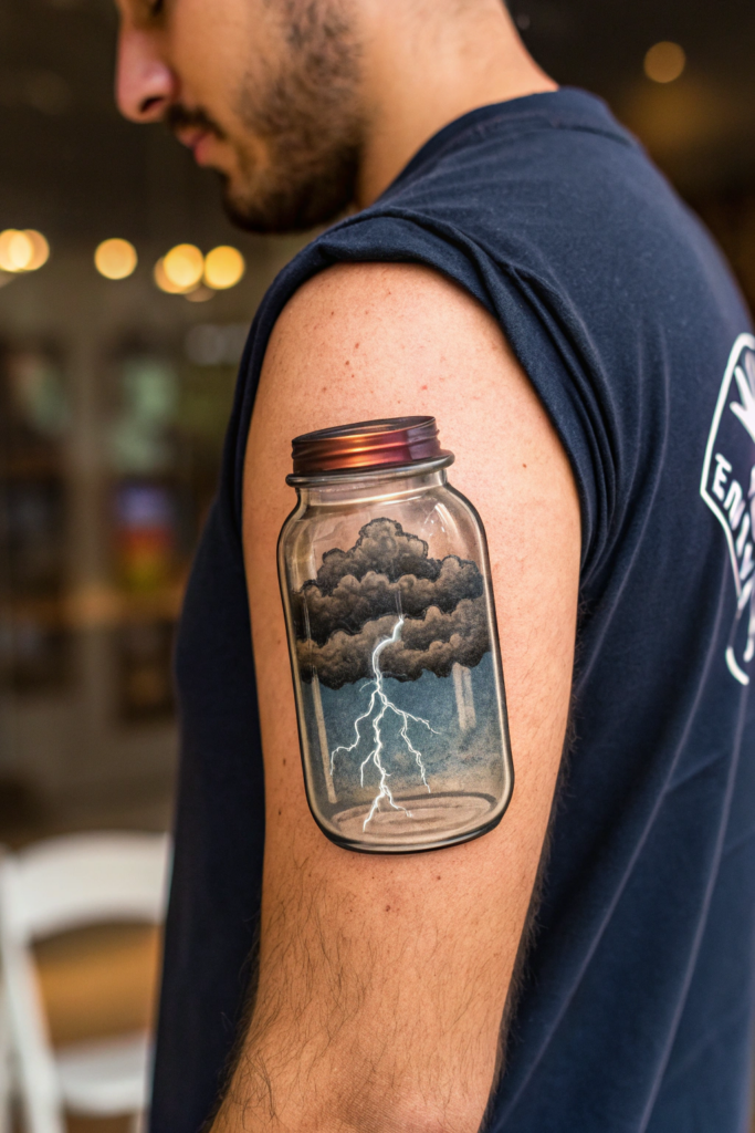 Micro-Realism Tattoos: A Miniature Glass Jar Trapping a Thunderstorm