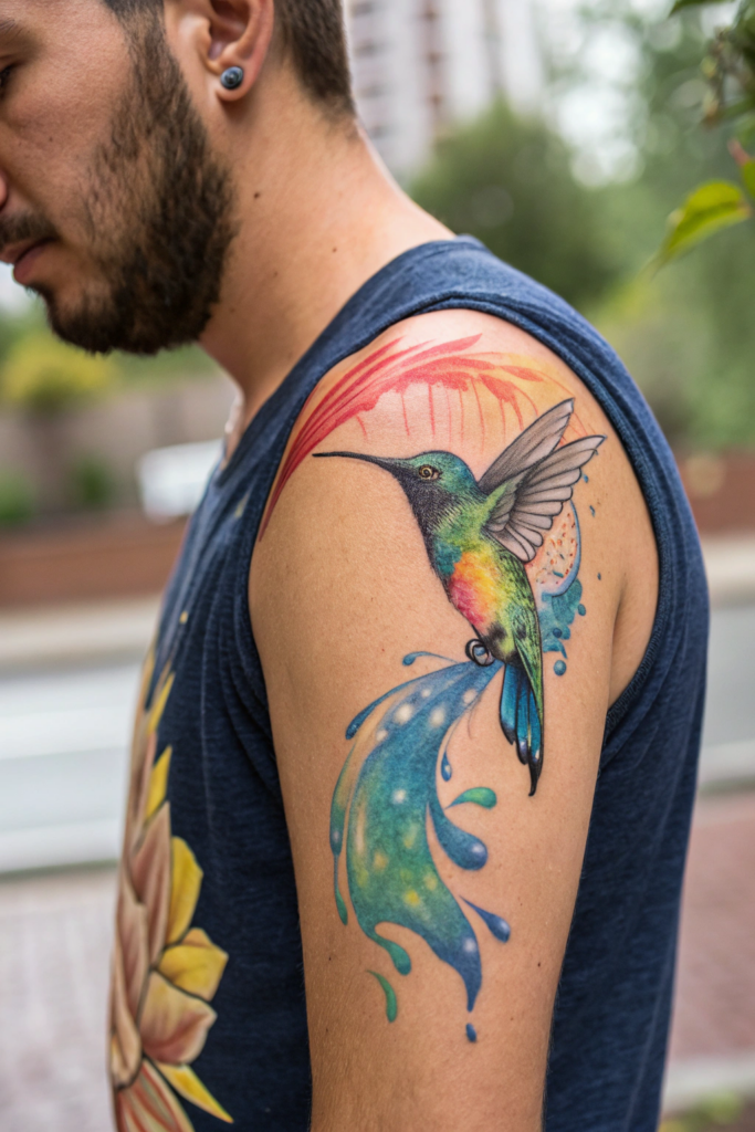 Micro-Realism Tattoos: A Hummingbird Drinking from a Droplet of Paint