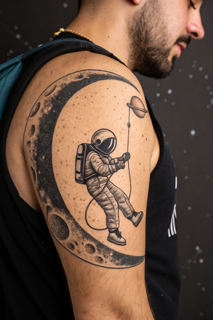 Micro-Realism Tattoos: A Tiny Astronaut Swinging from a Crescent Moon