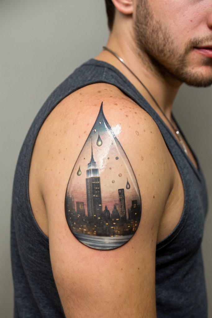 Micro-Realism Tattoos: A Microscopic City Encased in a Raindrop