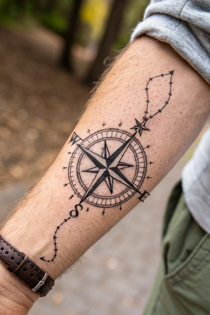 Micro-Realism Tattoos: A Mini Compass with a Hidden Star Map