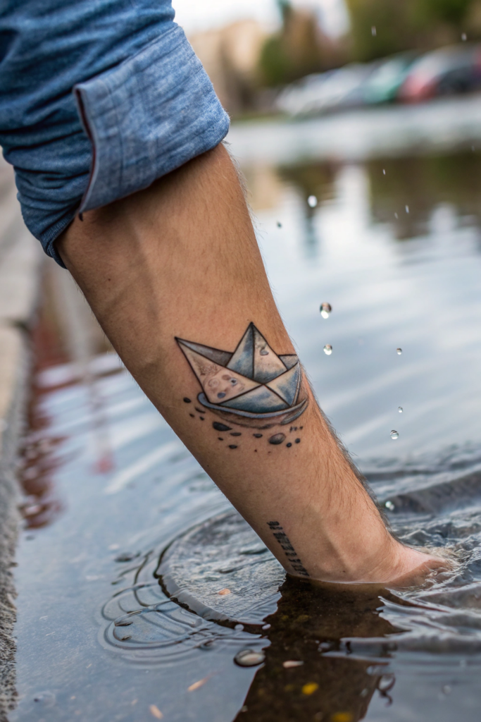 Micro-Realism Tattoos: A Tiny Paper Boat Floating on a Realistic Puddle