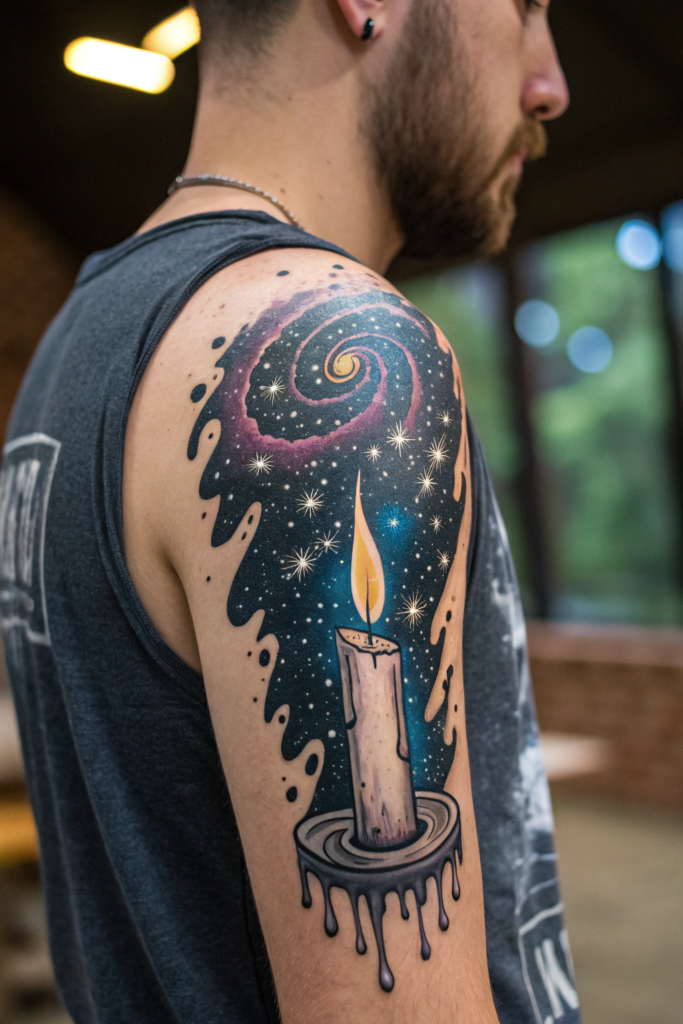 Micro-Realism Tattoos: A Candle Melting into a Starry Night Sky