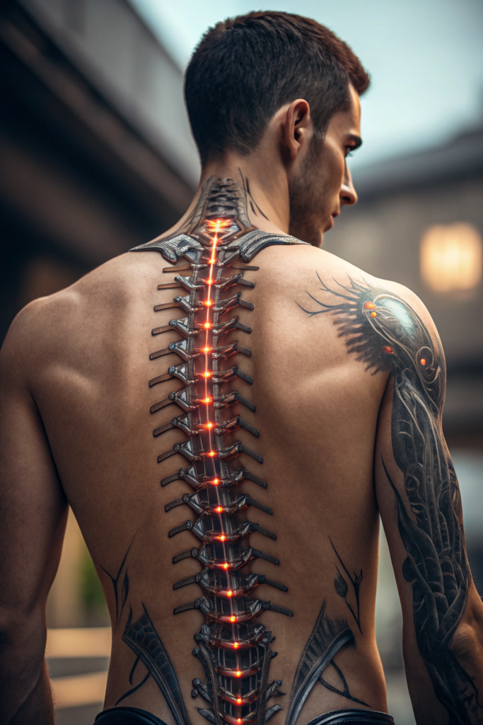 Biomechanical Tattoo: Cybernetic Spine with Kinetic Joints