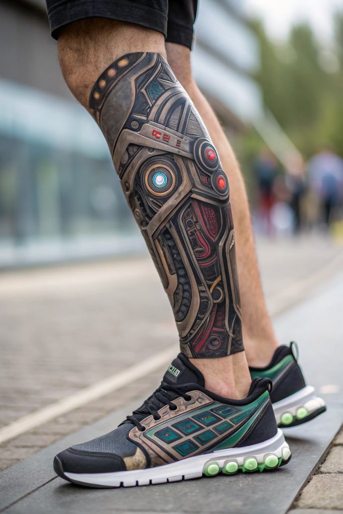 Biomechanical Tattoo: Cybernetic Leg with Adaptive Camouflage