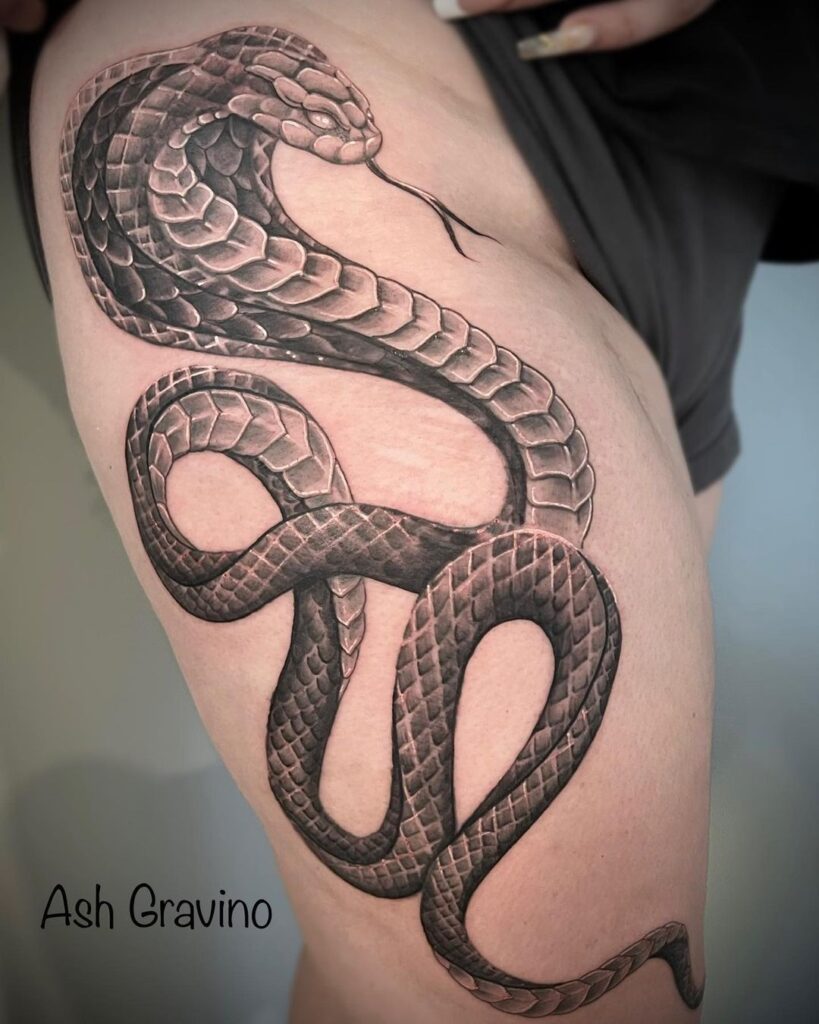 Black and gray realistic cobra tattoo on side of thigh for women hypnotic serpent 