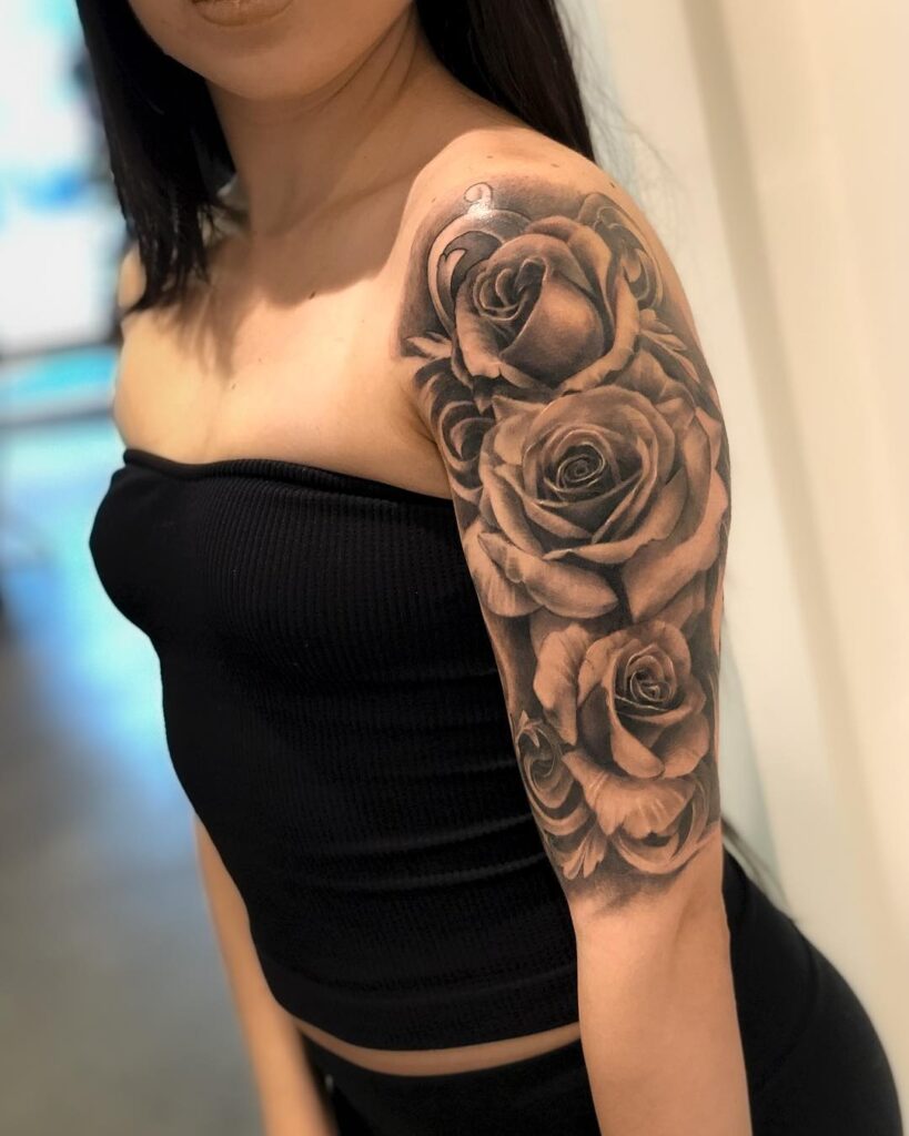 Black and Grey Rose Half Sleeve Tattoo: Elegance and Grace for Women 