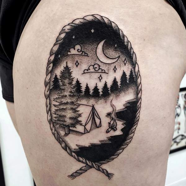 Blackwork Camping Tattoo
