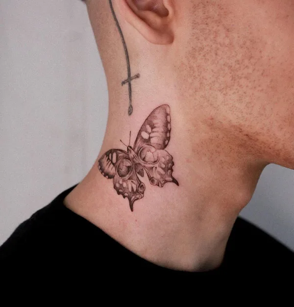 Butterfly Skull Neck Tattoo 1