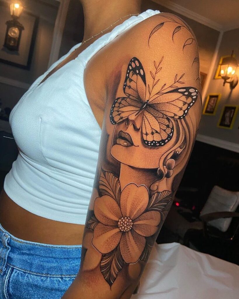 Butterfly blooms full sleeve tattoo for females 
