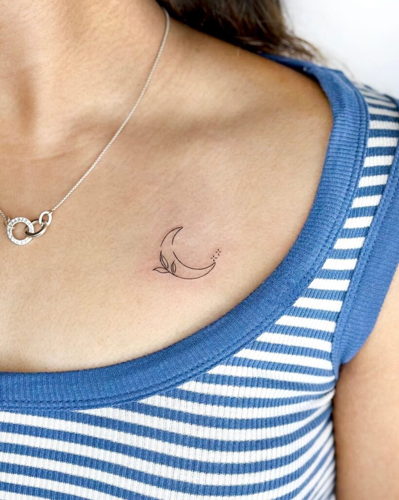 Crescent moon with leaves and stars collarbone tattoo symbolism and placement guide