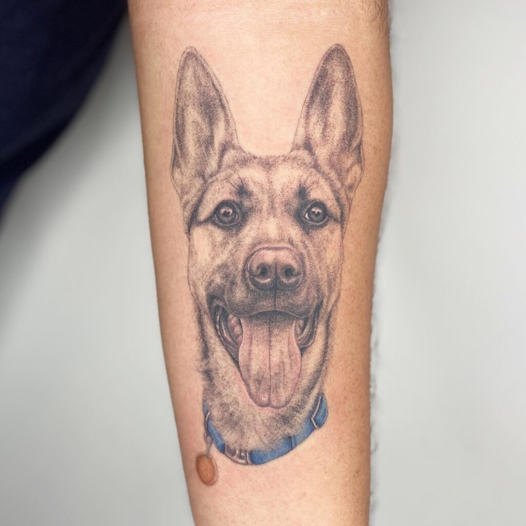 Delightful inner forearm tattoos for girls german shepherd with floral flourish 