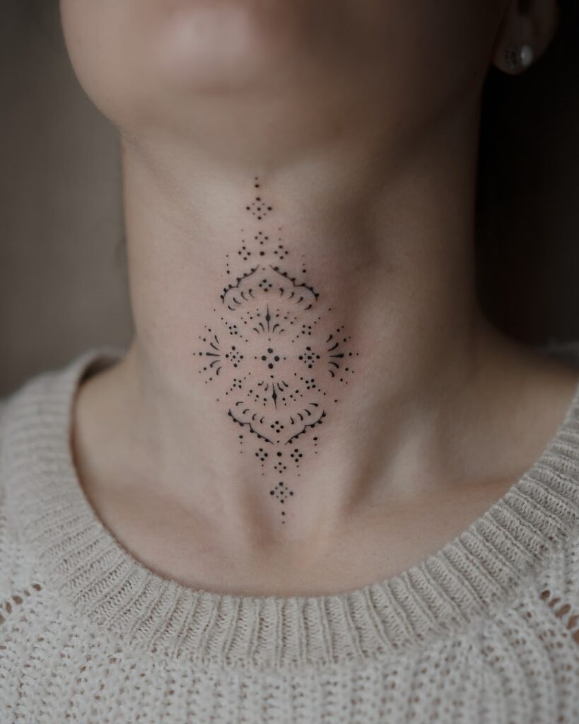Dotwork Throat Tattoo Symmetrical Mandala-Inspired Fine Line Art 