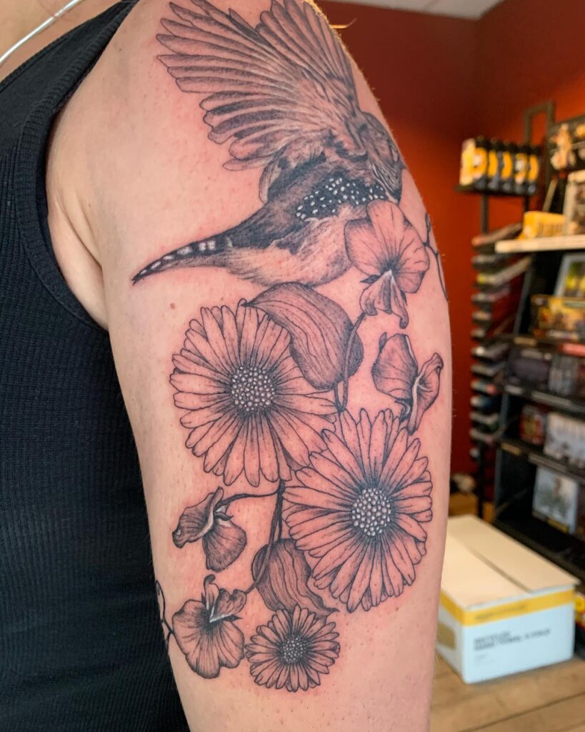 Impressive Finch Bird Floral Tattoo Half Sleeve for Women Celebrating Freedom and Vibrancy 