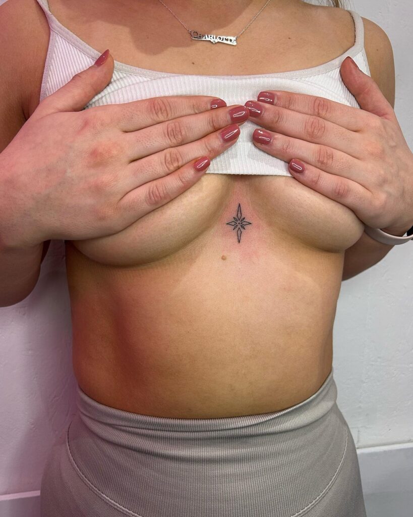 Minimalist geometric star sternum tattoo symbolizing guidance and ambition 
