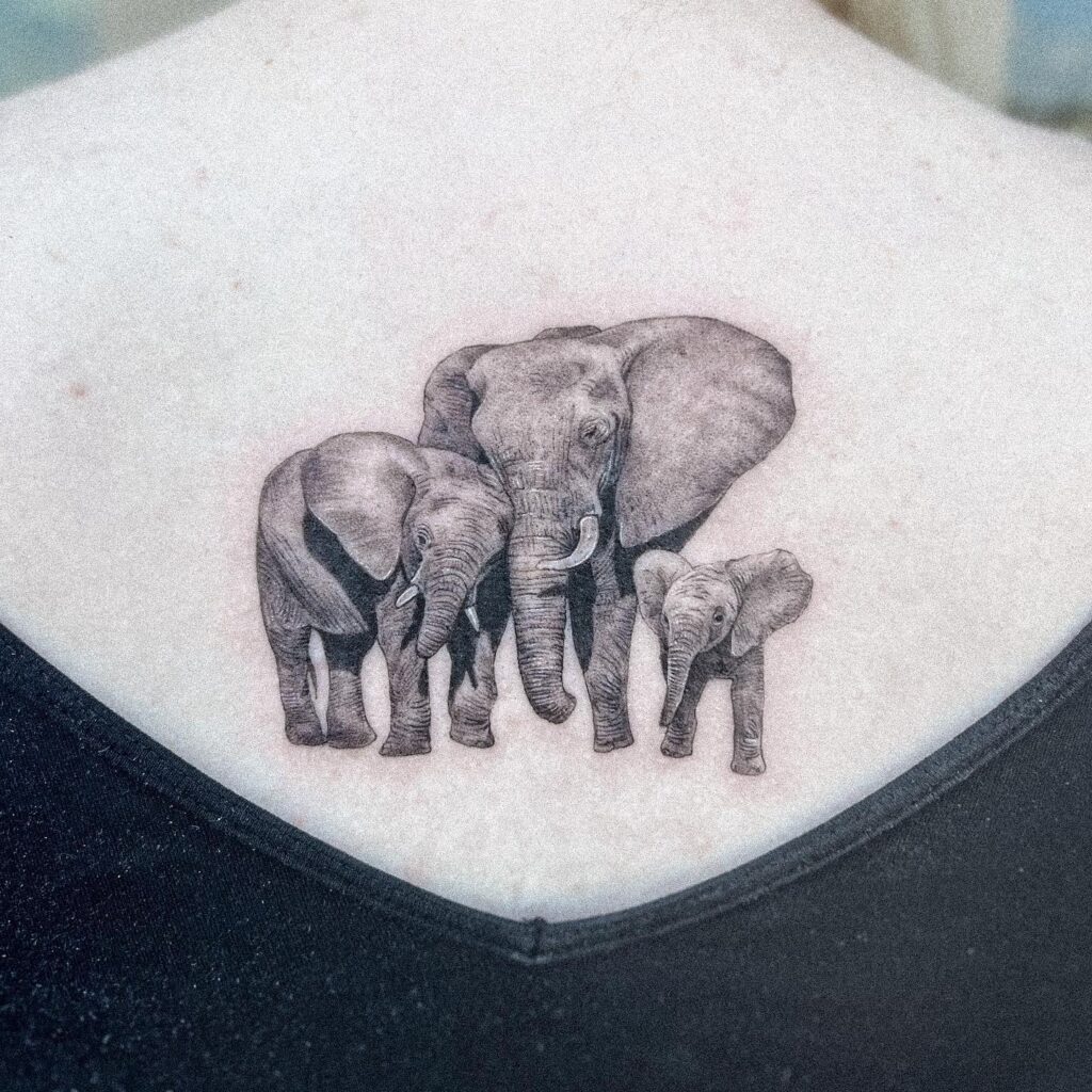 Mom and two baby elephants in black work ink : backside wonder 