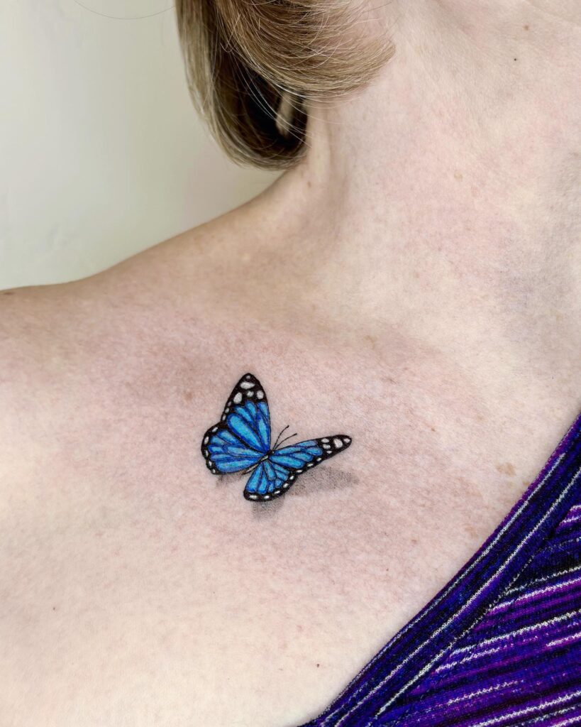 Most attractive 3d blue butterfly chest tattoo for women stunning art 