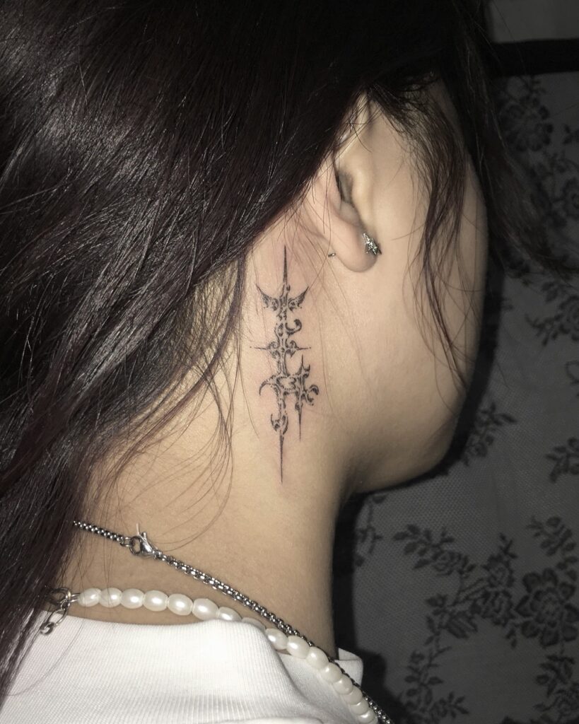Ornamental Gothic Neck Tattoo Bold Symmetrical and Artistic Design 