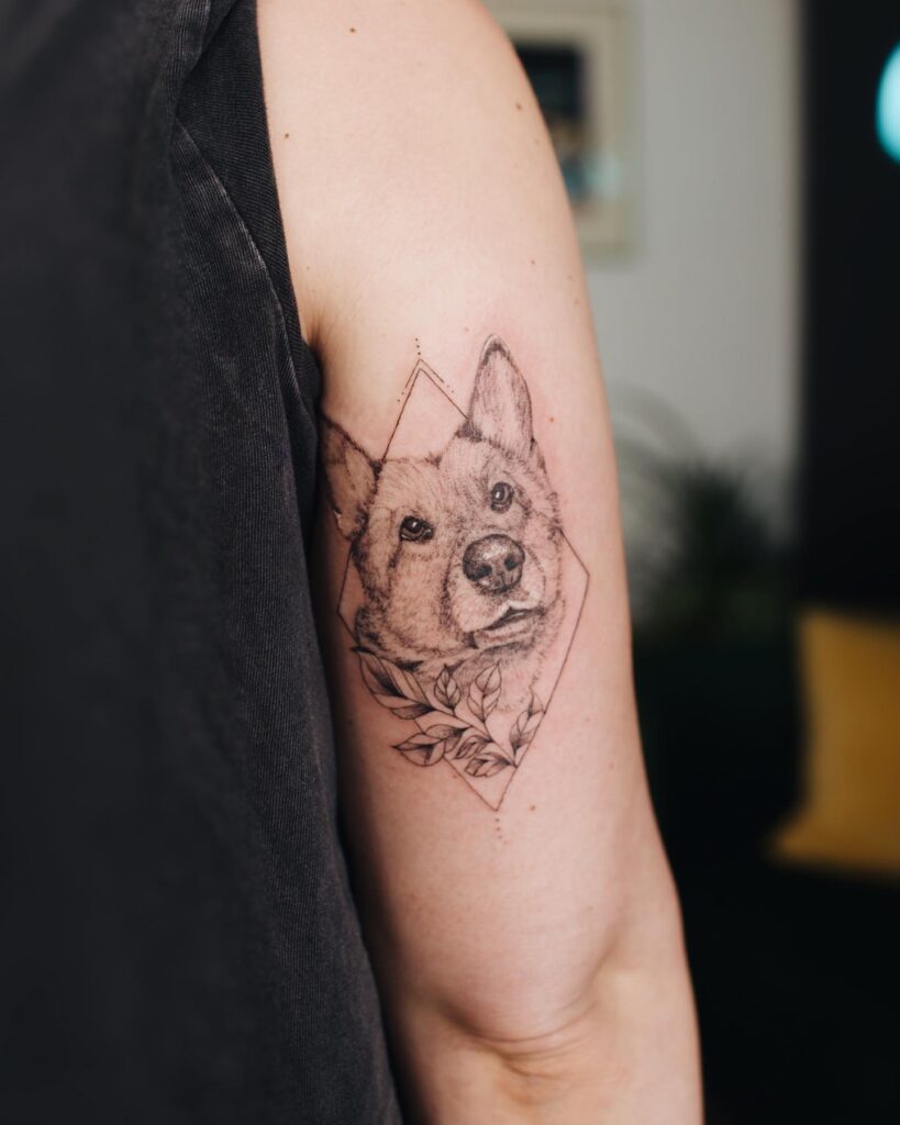 Outer arm above elbow german shepherd tattoo with flowers floral canine tribute 