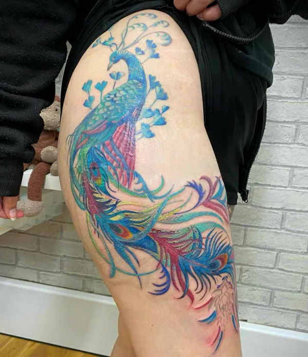 Peacock Thigh Tattoo 2