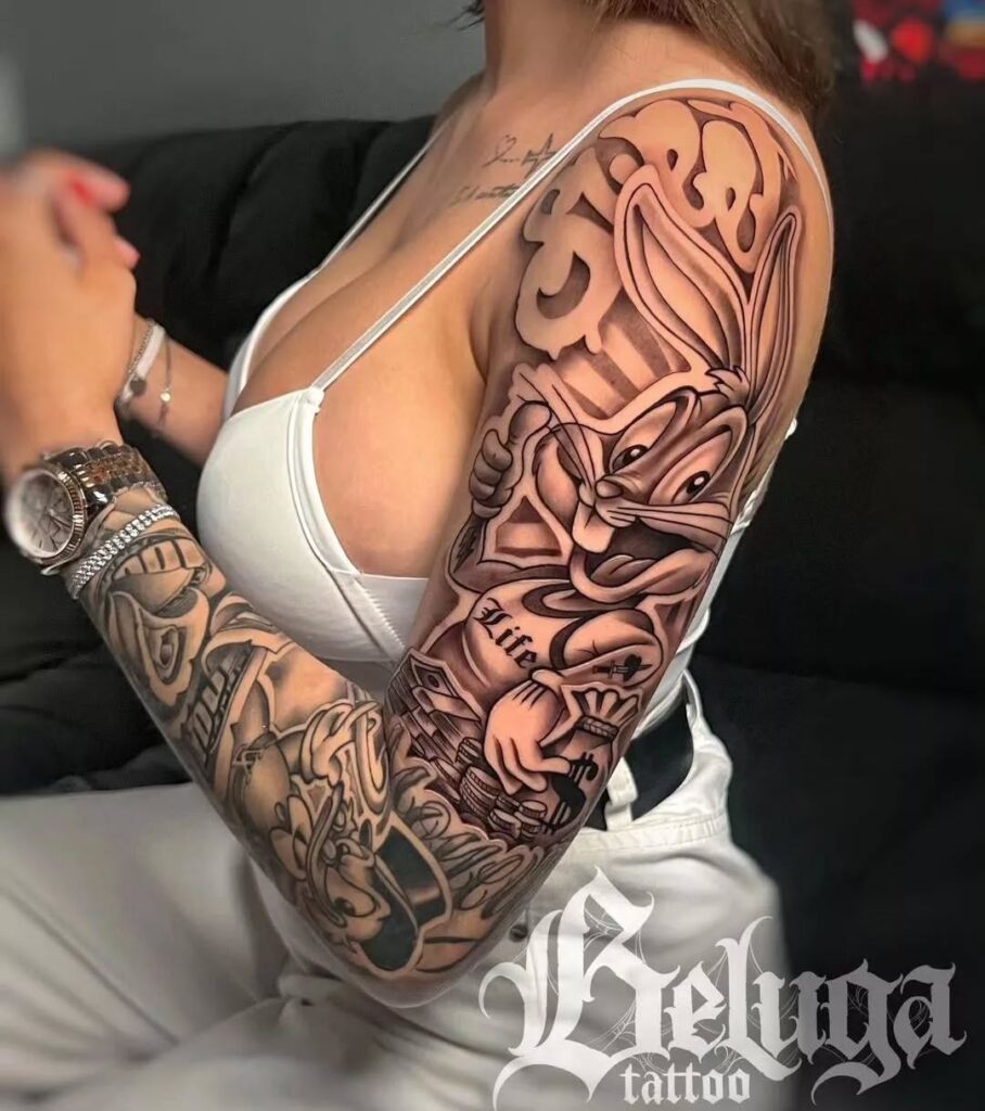 Red floral sleeve tattoo with black background for bold contrast 