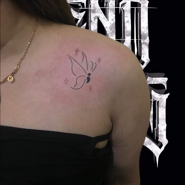 Semicolon Butterfly Shoulder Tattoo