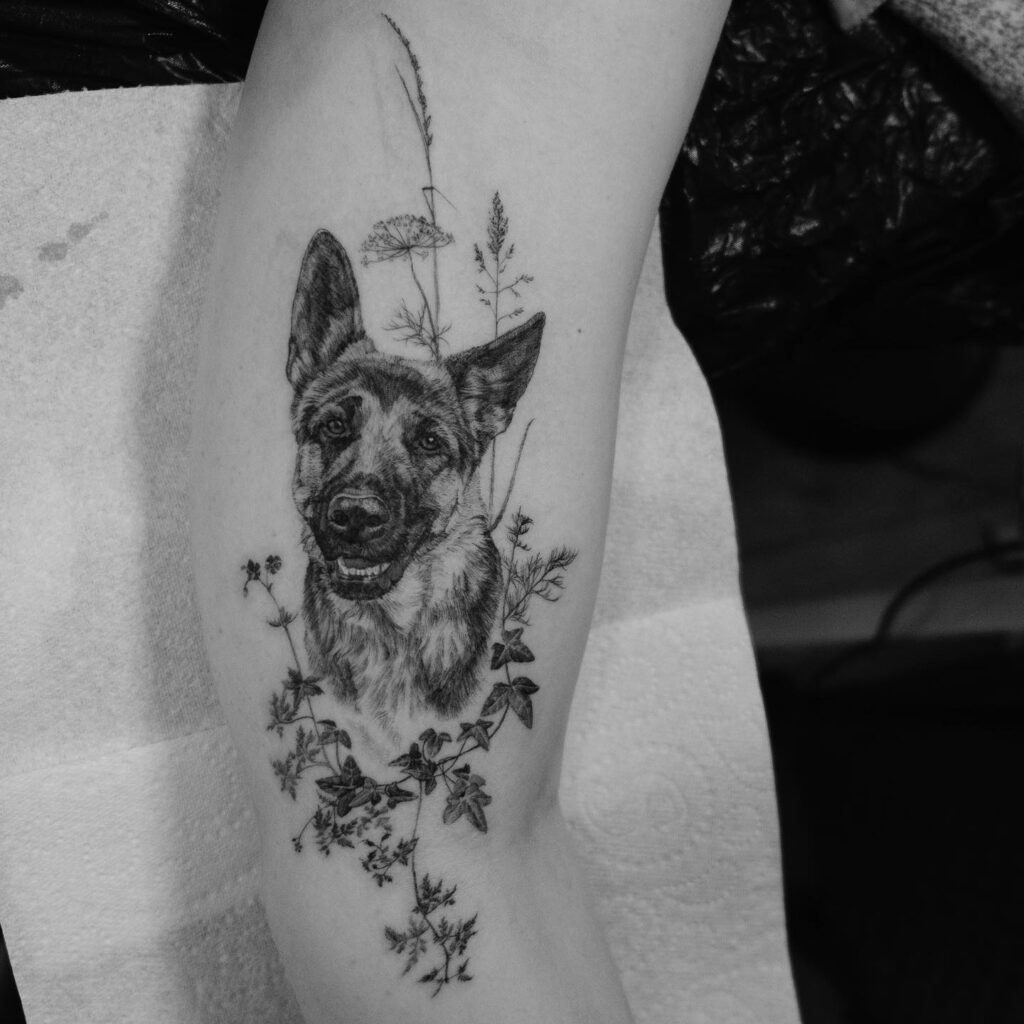 Side elbow german shepherd tattoo with flower for female canine charm 