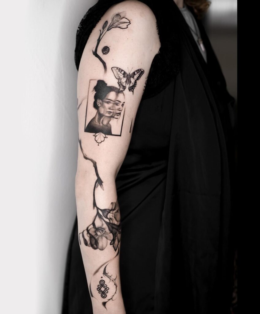 Surreal fine-line tattoo sleeve with double-exposure portrait 