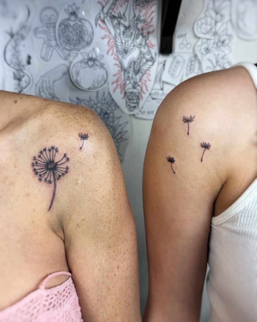 Symbolic dandelion tattoos for mother and daughter that represent love and freedom 