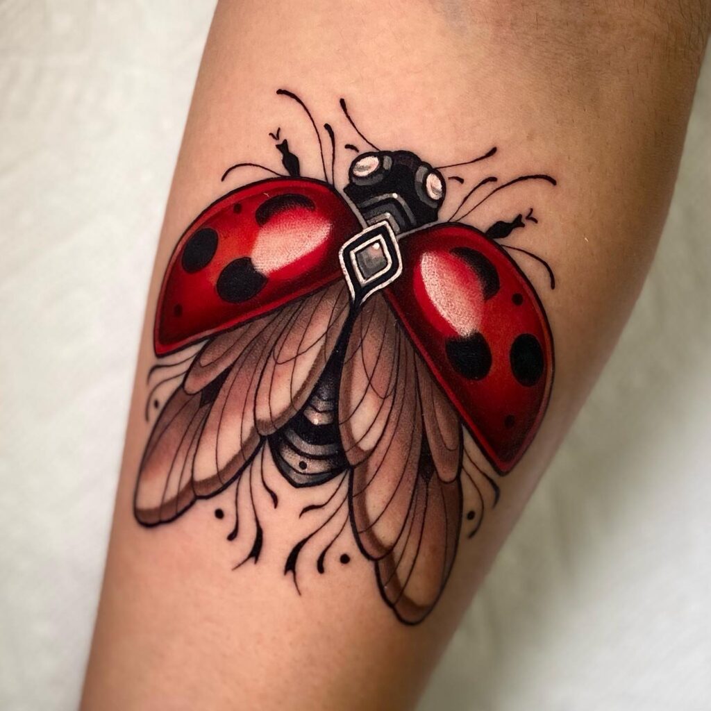 Timeless charm neo-traditional ladybug tattoo on forearm for women 