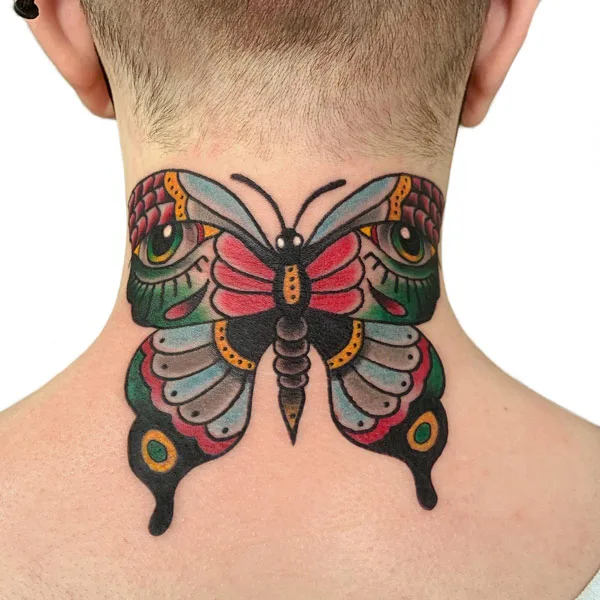 Traditional Butterfly Neck Tattoo