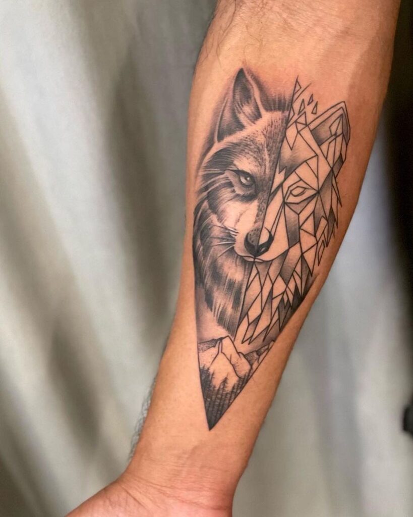 Unique forearm tattoo half geometric wolf, half shaded wolf face 