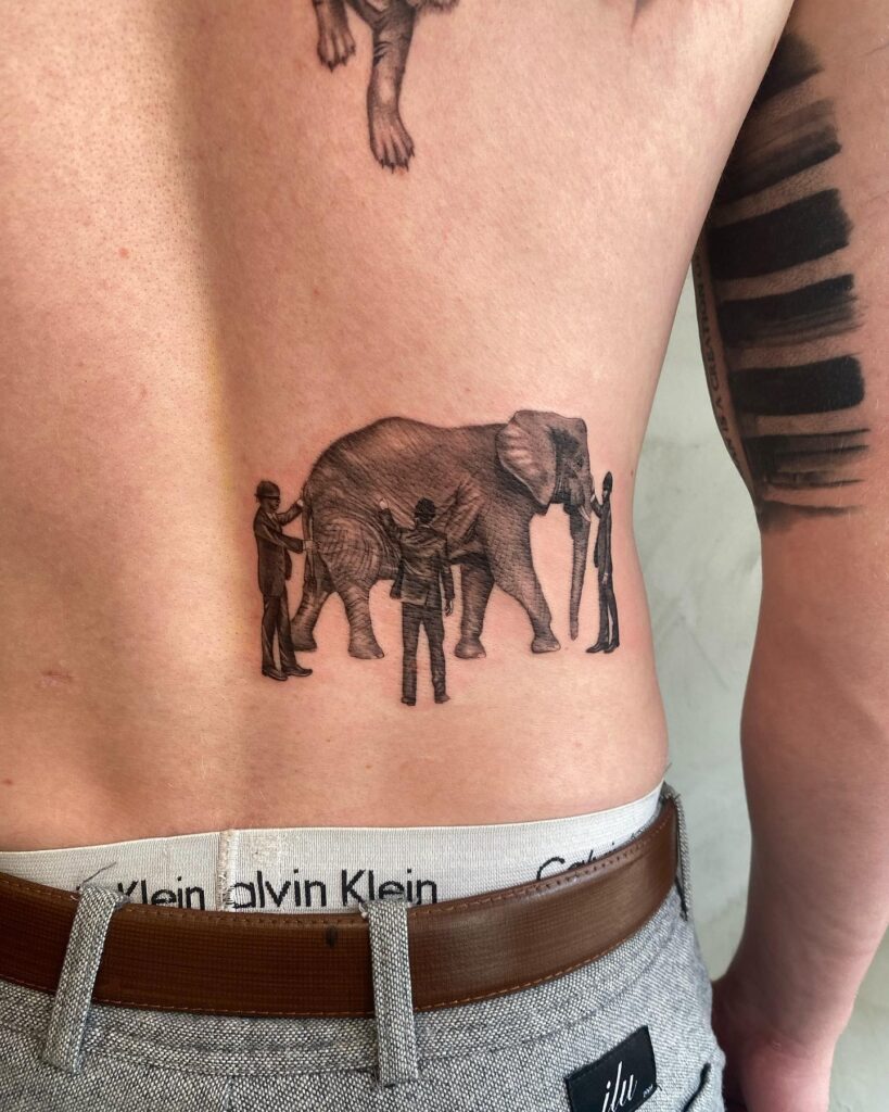 Unique Side View Elephant Tattoo on Lower Back with Three People Interacting in Suits and Blindfolds: Backside Extravaganza 