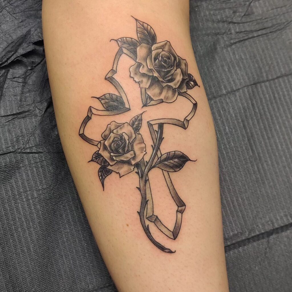 Women's calf lower leg tattoo cross with rose elegance 