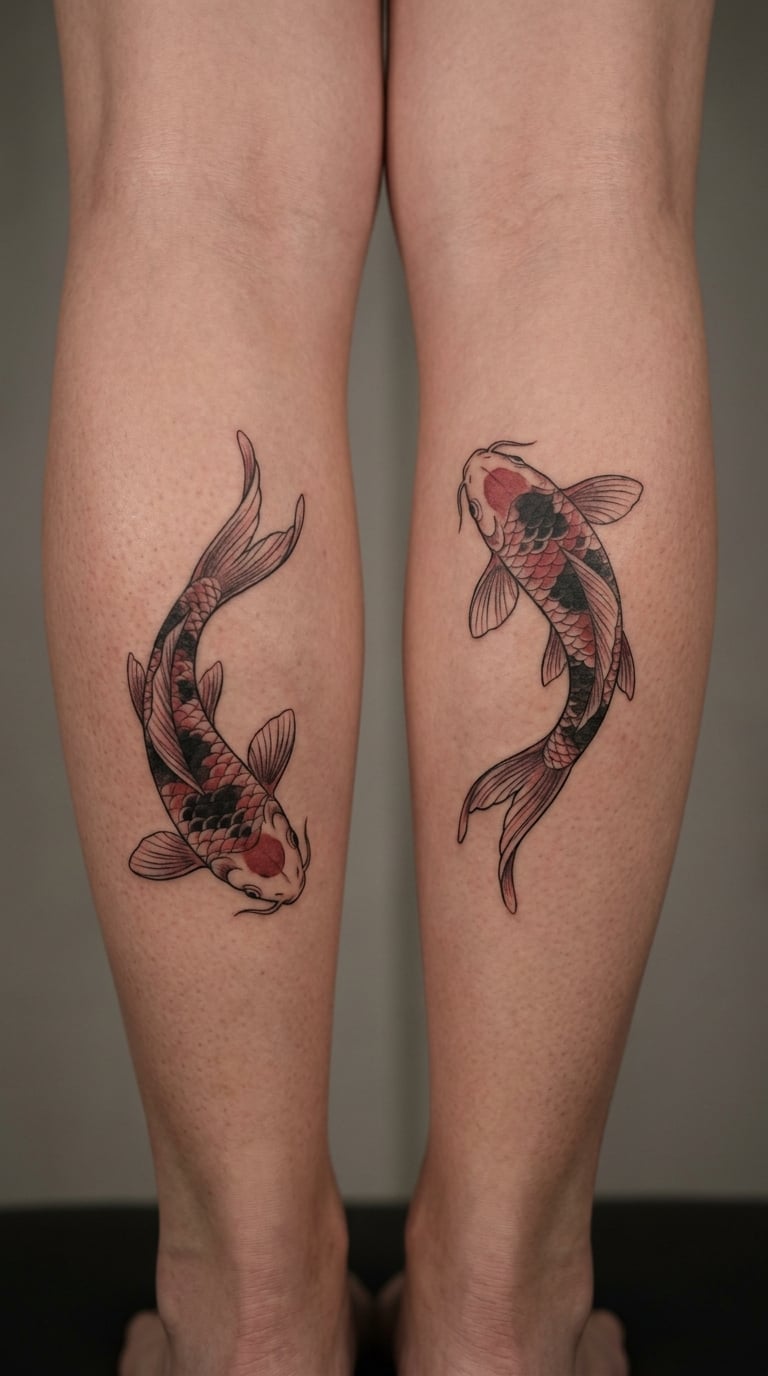Complementary Koi Tattoos on the Calves