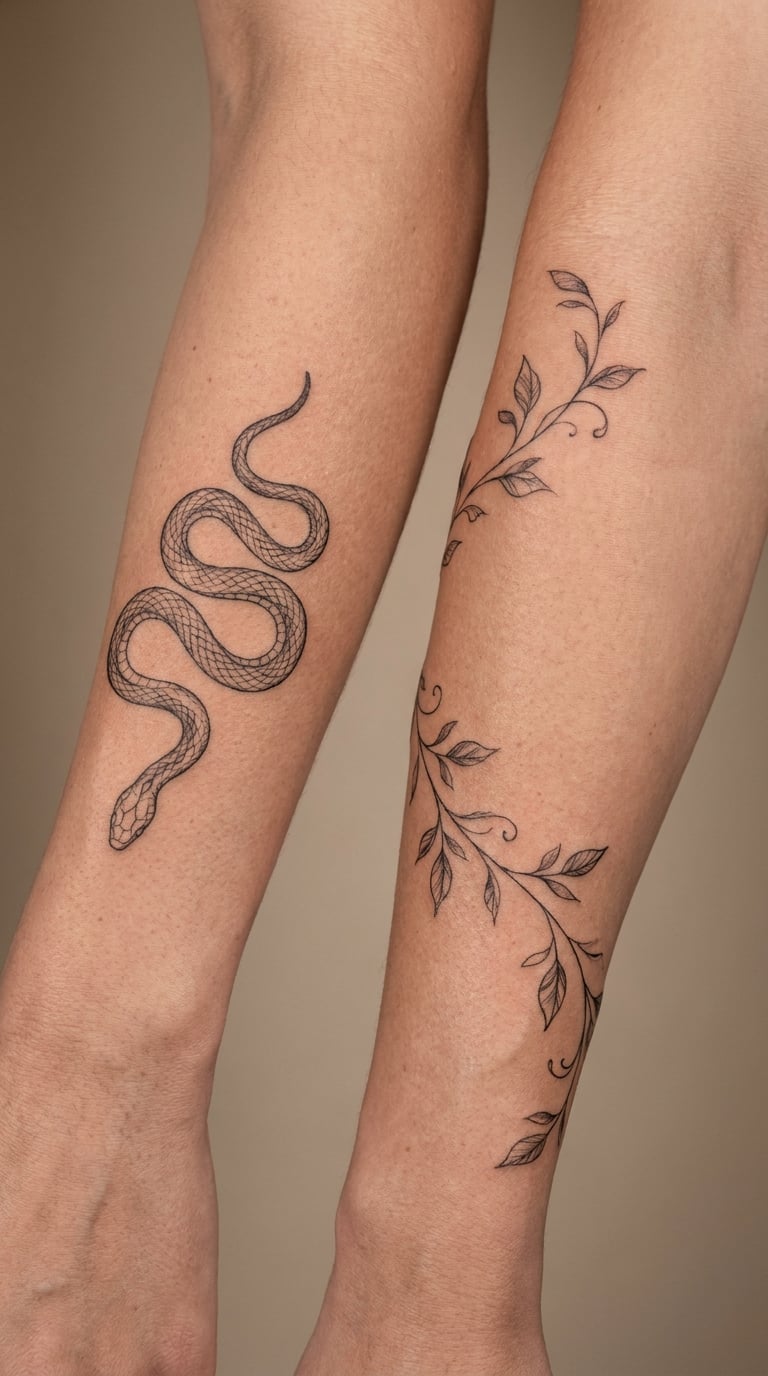 Complementary Snake and Vine Fine-Line Tattoos