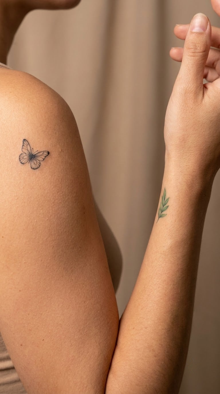 Complementary Butterfly and Leaf Micro-Tattoos