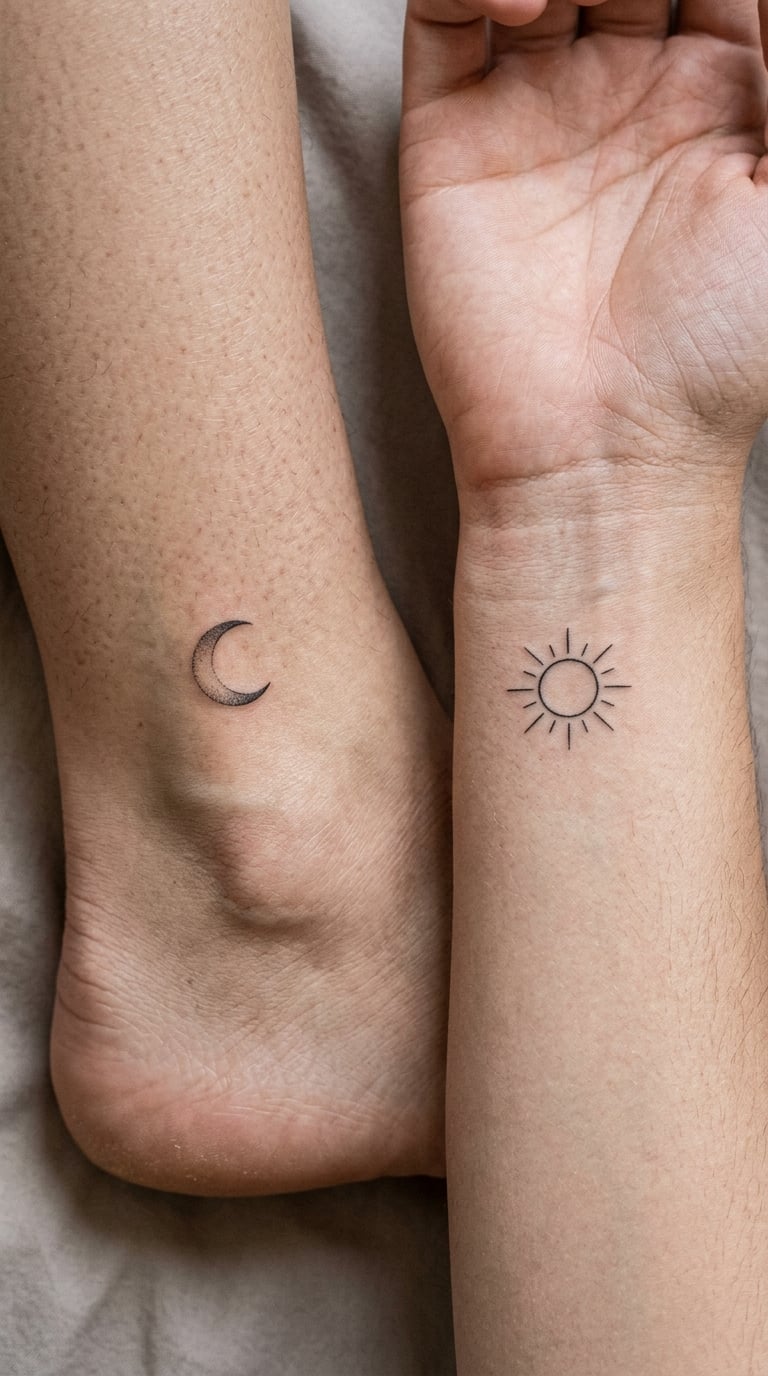 Complementary Moon and Sun Micro-Tattoos