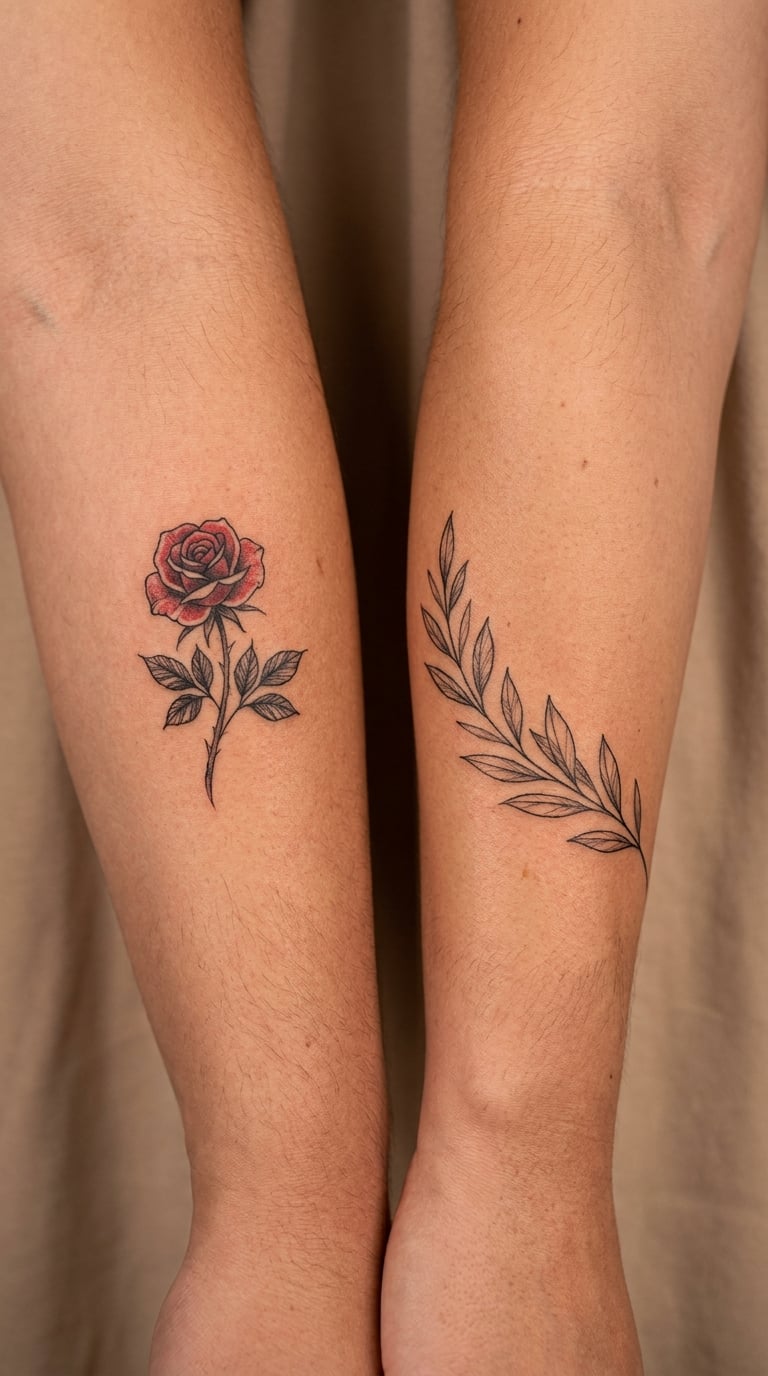 Complementary Rose and Laurel Branch Tattoos