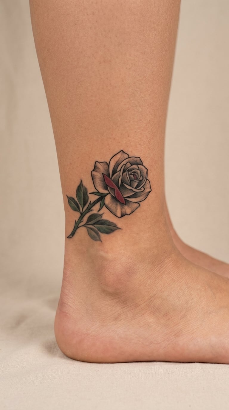 Single Rose Stem Anklet Tattoo