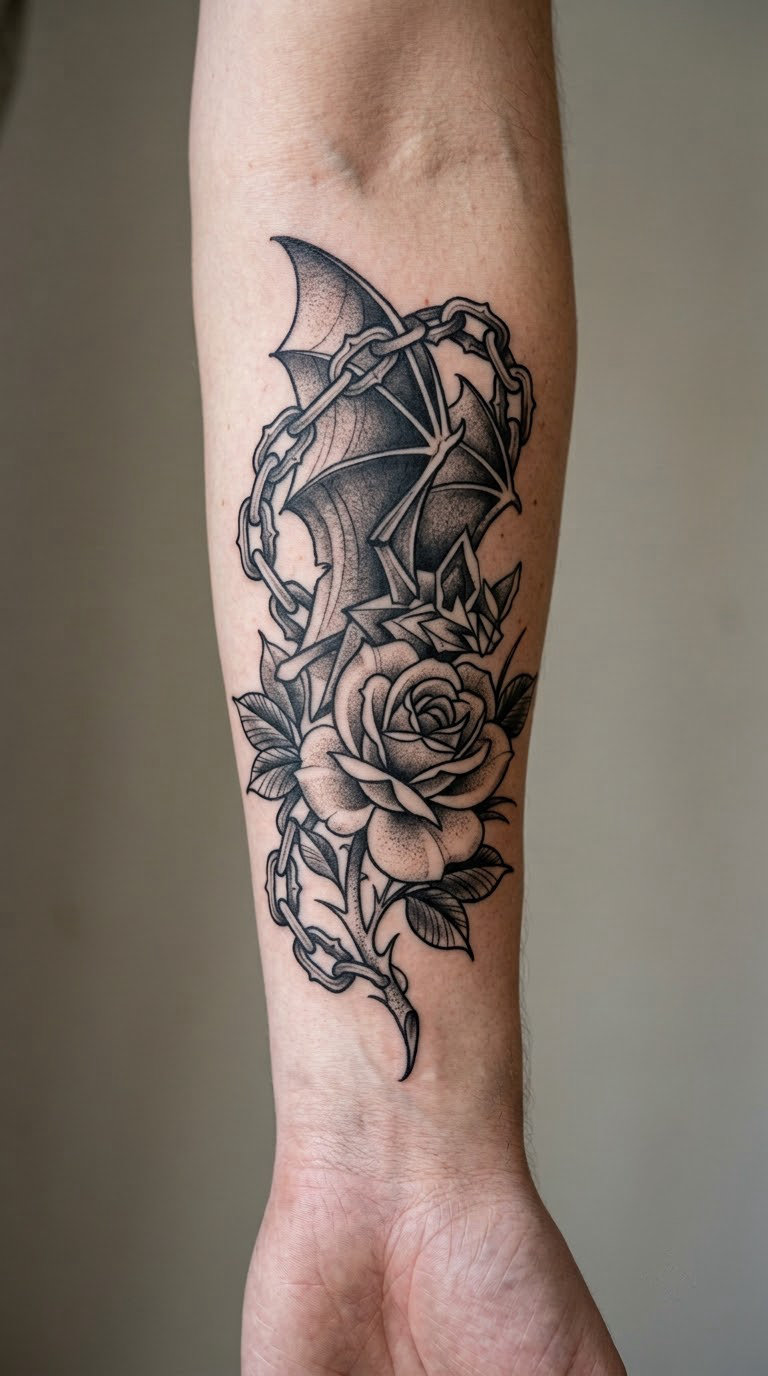 Gothic Batman Tattoo with Rose and Chain