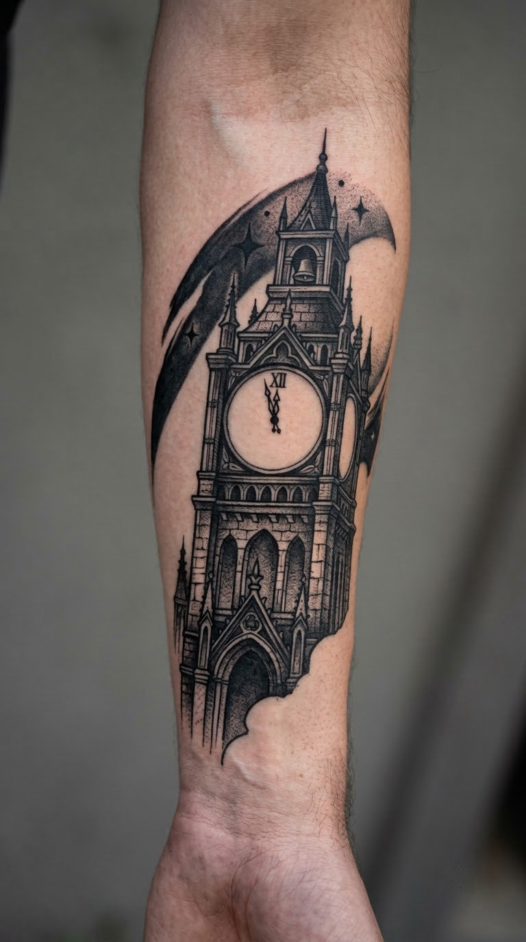Blackwork Clock Tower and Midnight Batman Tattoo