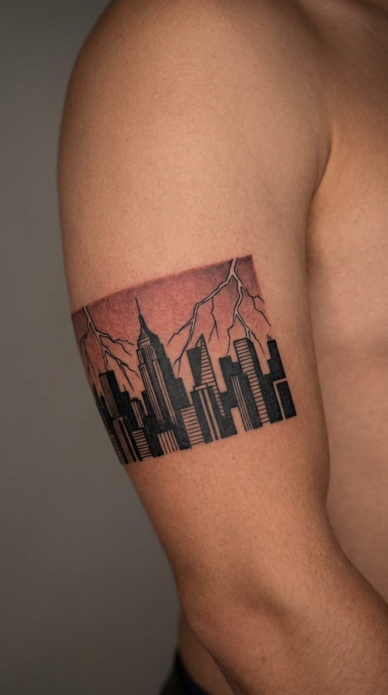 Blackwork Red Sky and Lightning