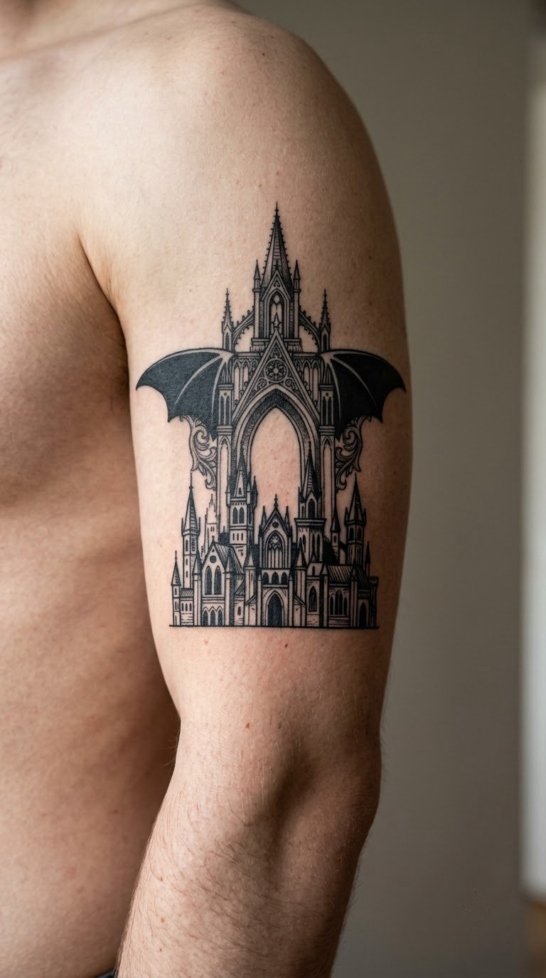 Bat-Wing Silhouette Above a Gothic City Skyline