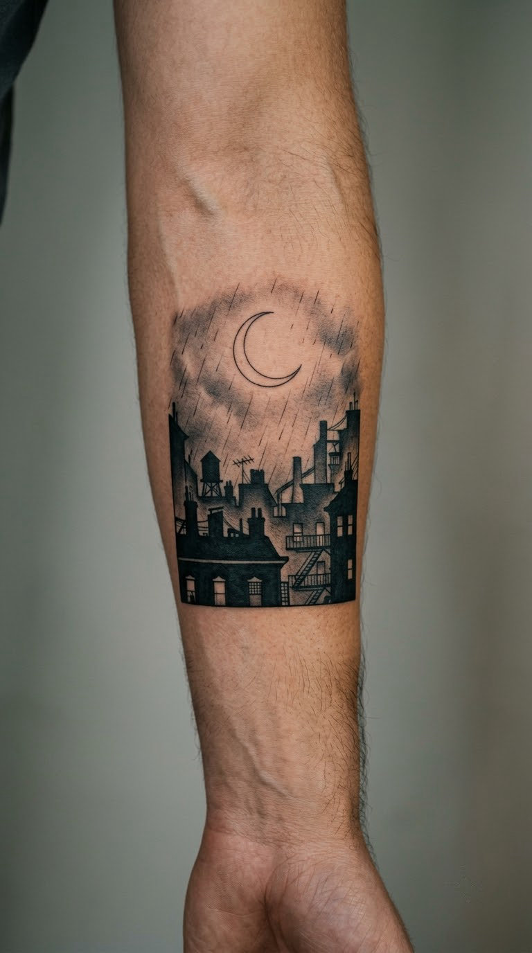 Moonlit Gotham Rooftop Batman Tattoo