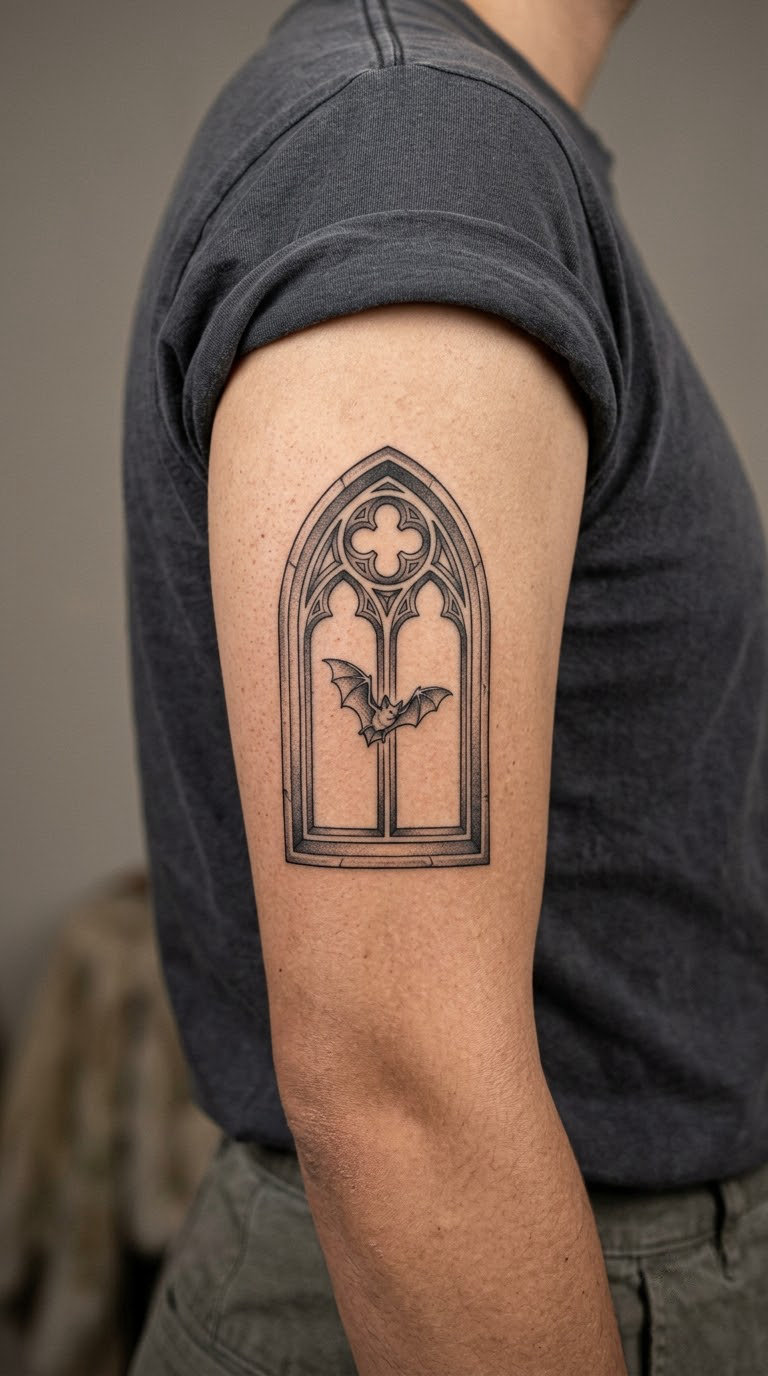 Gothic Cathedral Window with Abstract Bat Motif