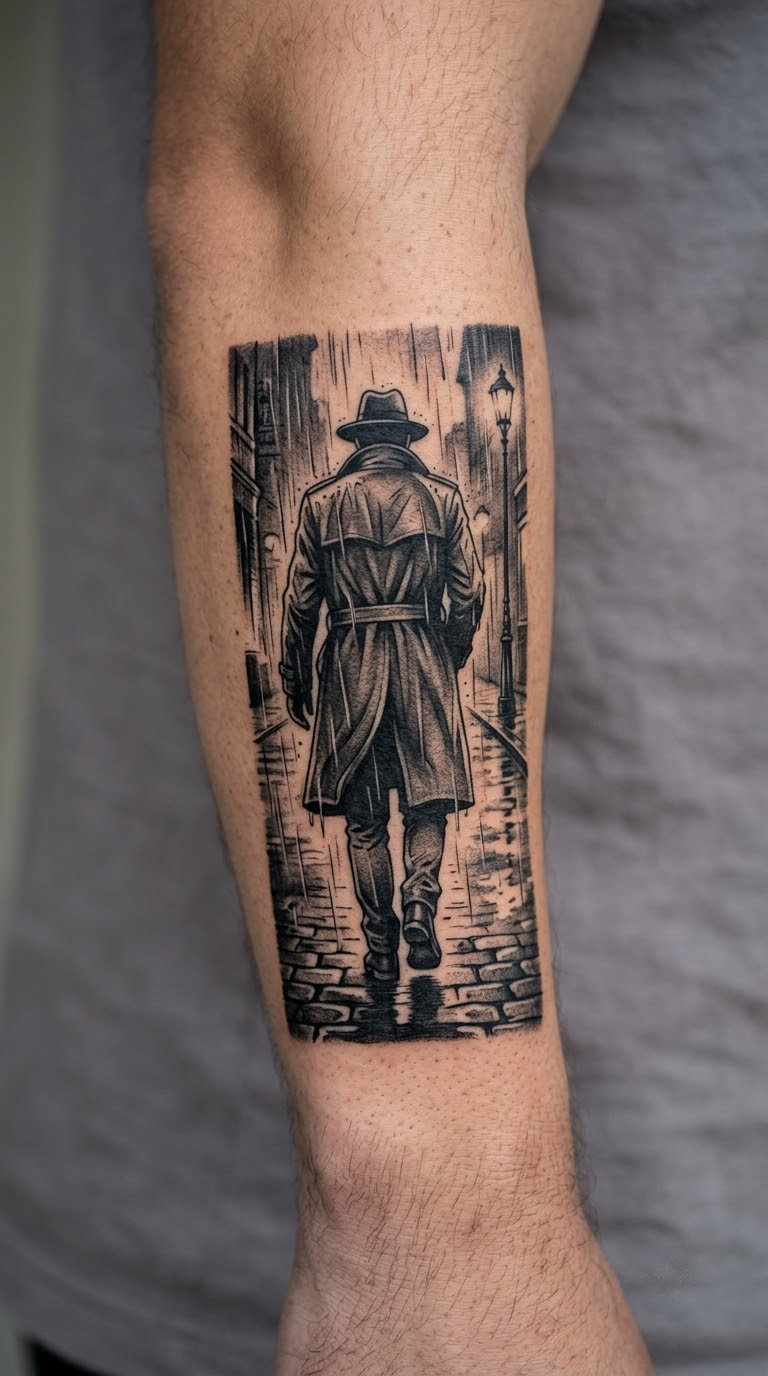 Rain-Soaked Detective Batman Tattoo Silhouette