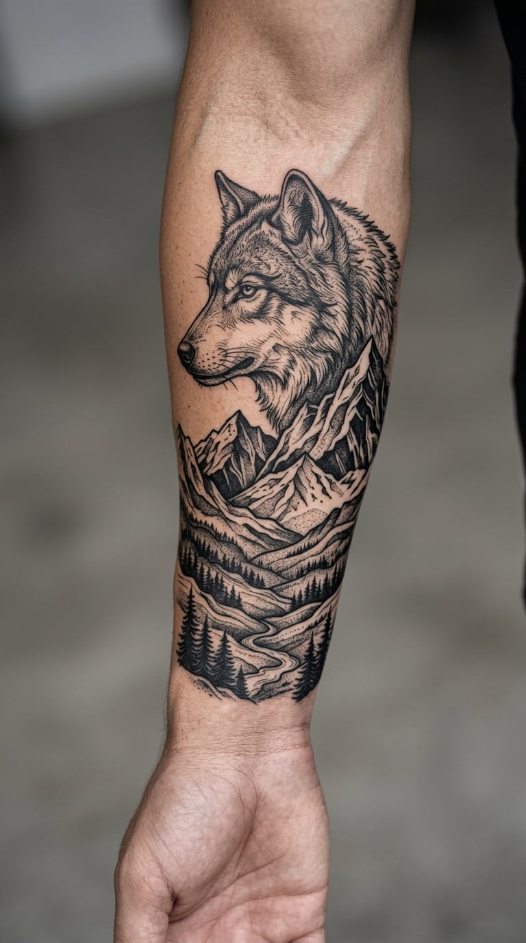 Blackout Wolf and Mountain Sleeve