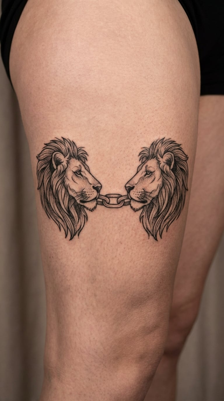 Two Lions Holding a Chain on the Thigh