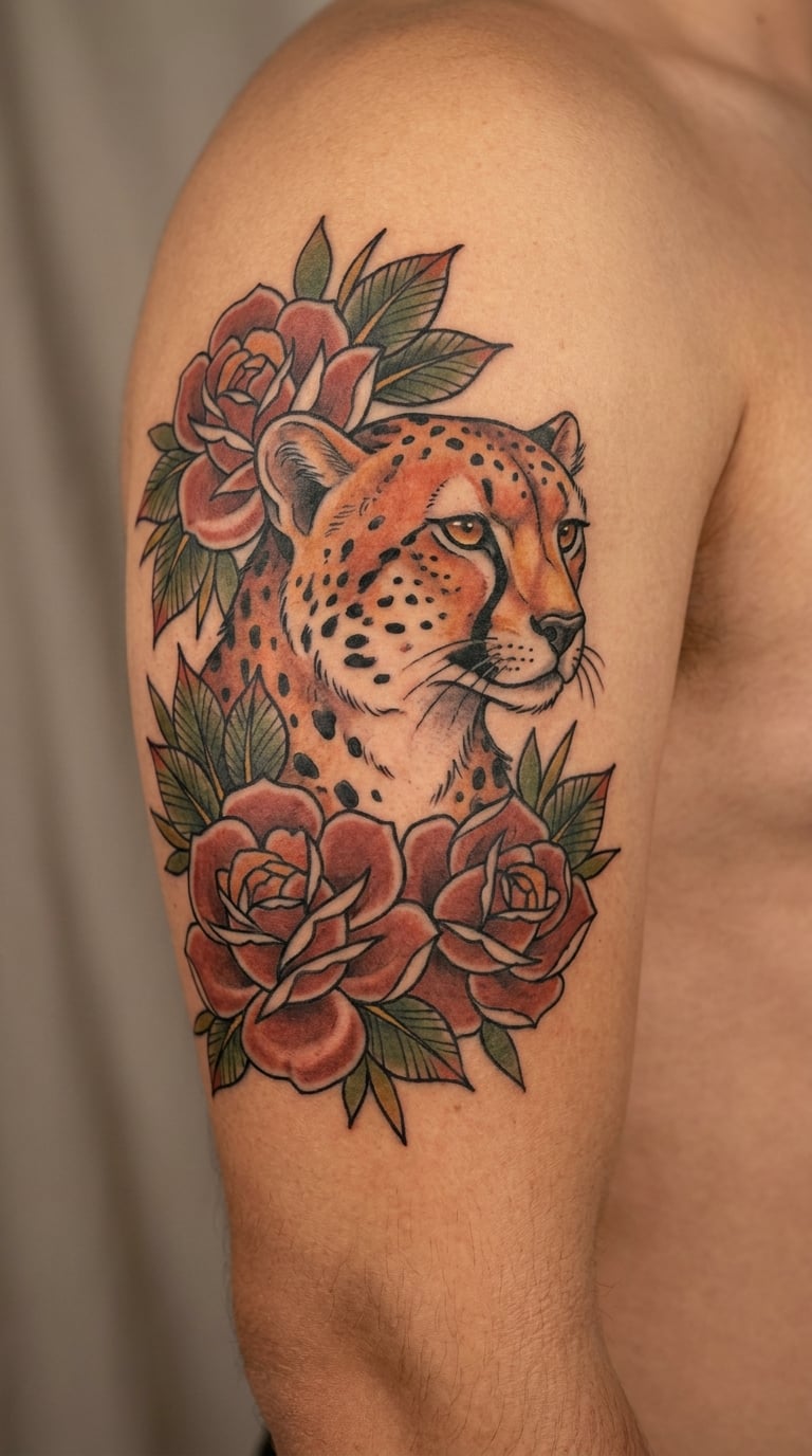 Neo-Traditional Cheetah and Flower